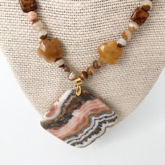 NWT Genuine Zebra Jasper, Citrine, Agate, Lampwork Glass Necklace Beaded Orange - Picture 2 of 6